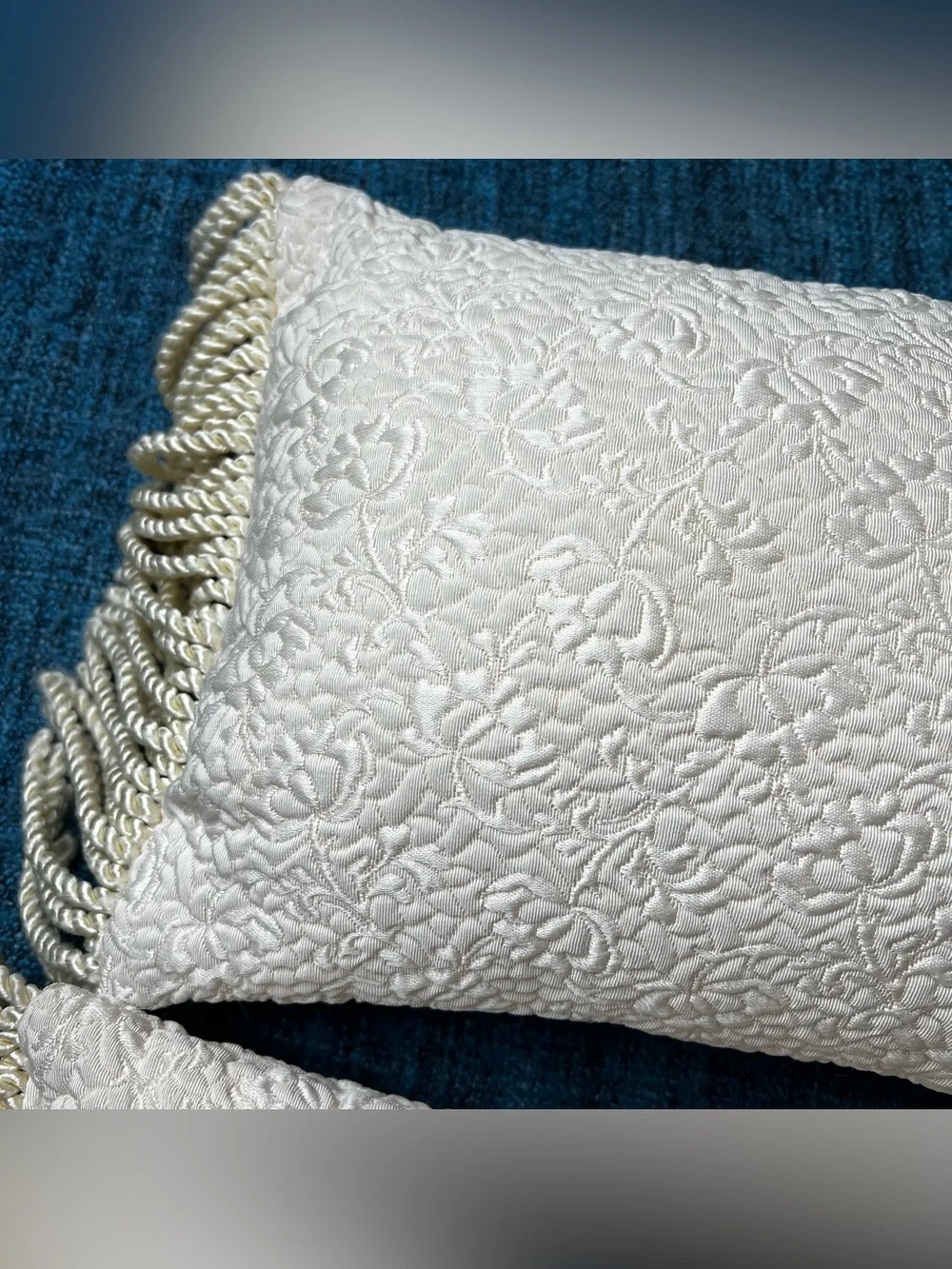 Vintage Newport Elegant Fringe Throw Pillows Set of 2 Ivory Floral Lumbar 15x11